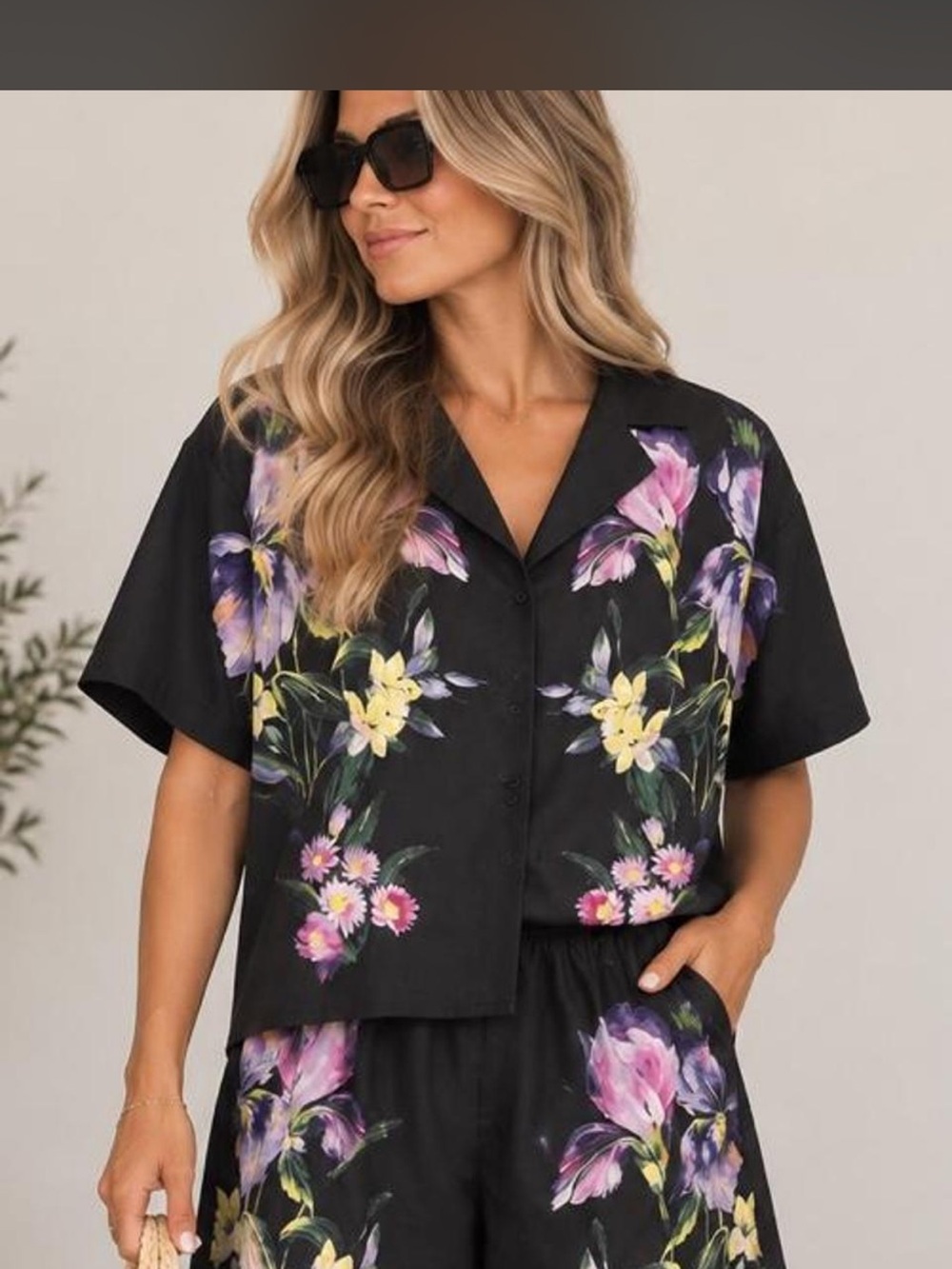 Express Floral Print Short Sleeve Set - Black